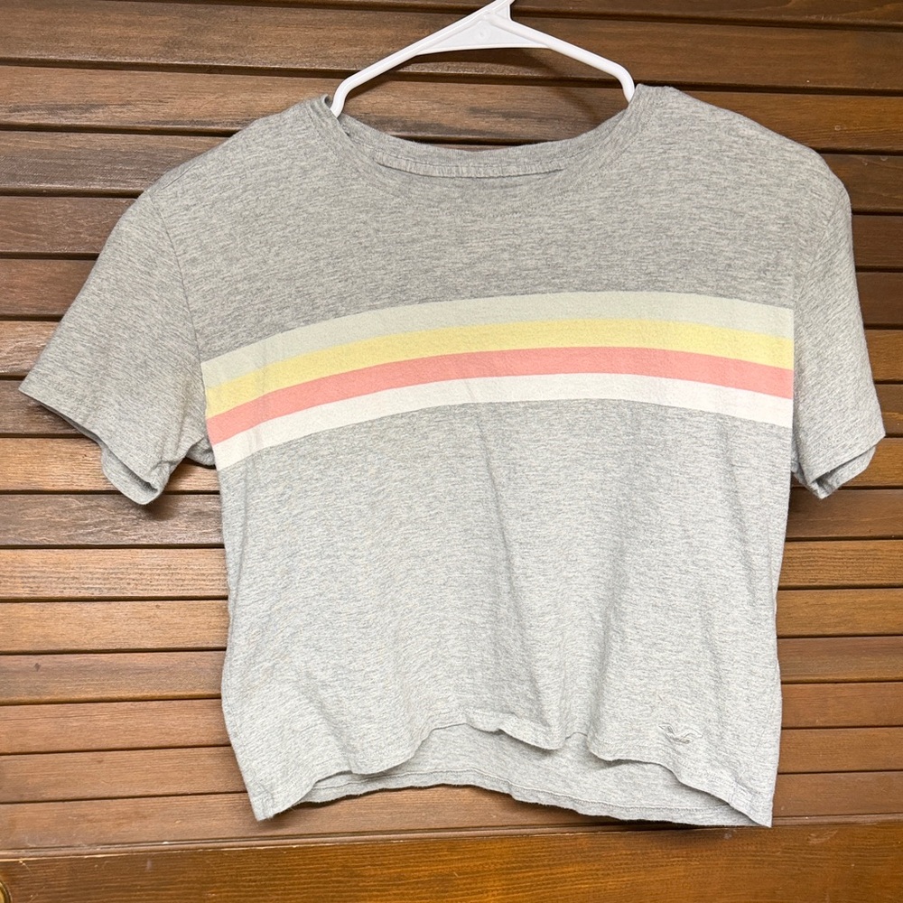 Hollister Gray Crop Top with Pink and Yellow Stripes